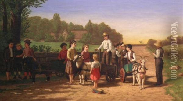 Children With Goat Carts Oil Painting - Samuel S. Carr