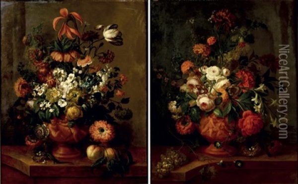 Bouquet De Fleurs Dans Un Vase De Terre (+ Nid D'oiseaux, Grappe De Raisins Sur Un Entablement; Pair) Oil Painting - Johann Baptist Halszel