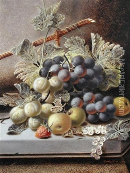 A Bunch Of Grapes And Plums On A Ledge (+ Plums, Grapes And Strawberries On A Ledge; Pair) Oil Painting - Oliver Clare