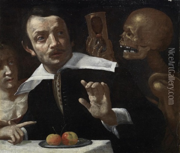 A Vanitas Scene With Death Holding An Hour Glass Behind A Startled Man Oil Painting - Giovanni Martinelli