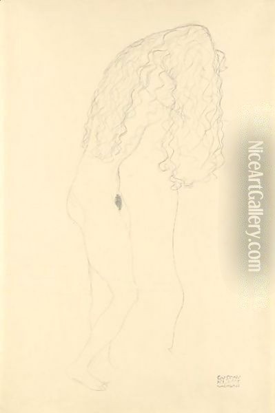 Nach Rechts Aufgestutzt Stehender Akt, Das Gesicht Durch Die Haare Verdeckt (Standing Nude With Her Face Covered By Her Long Hair) Oil Painting - Gustav Klimt