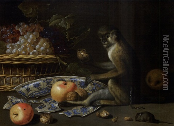 Natura Morta Con Cesto D'uva, Piatto Rotto, Mele E Noci, Una Scimmia E Un Topolino Oil Painting - Pieter Van Boucle