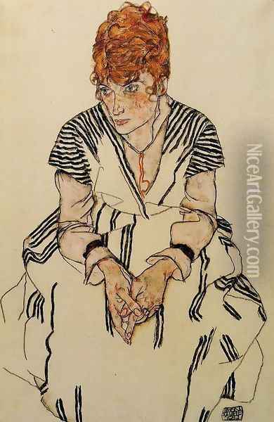 The Artists Sister In Law In A Striped Dress Seated Oil Painting - Egon Schiele