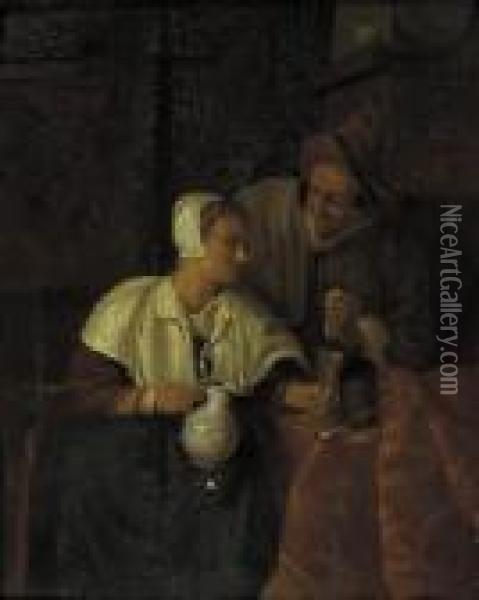 A Woman Seated By A Table Pouring Wine For A Man, In An Interior Oil Painting - Gabriel Metsu