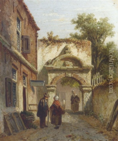 Figures By A Town Gate Oil Painting - Adrianus Eversen