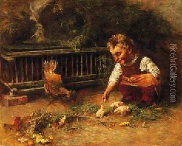 Girl, Playing With Chicken Oil Painting - Geza Peske