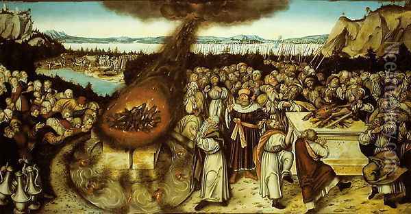 The Rival Sacrifices of Elijah and the Priests of Baal, 1545 2 Oil Painting - Lucas The Younger Cranach