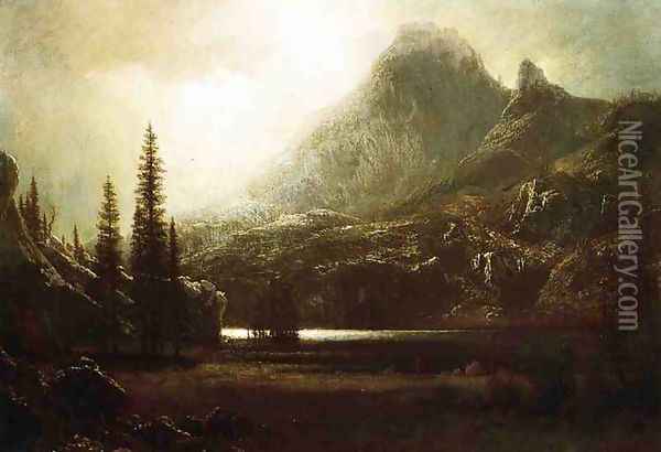 By A Mountain Lake Oil Painting - Albert Bierstadt