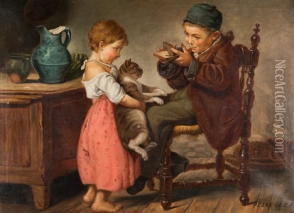 Enfants Jouant Au Chat Et A La Souris Oil Painting - Geza Peske