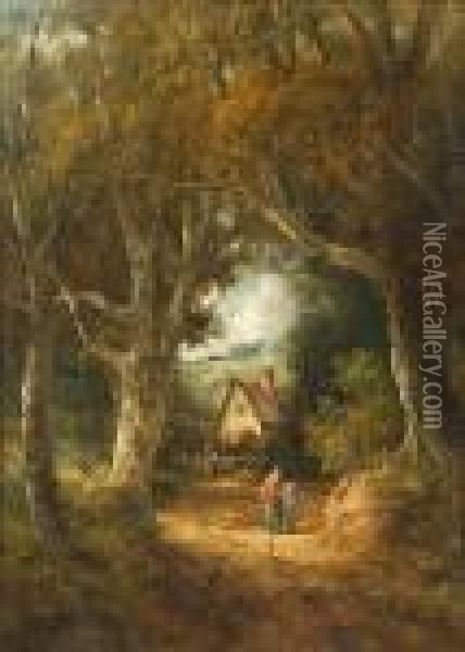 Figures In A Country Lane, Possibly Gainsborough Lane Oil Painting - John Moore Of Ipswich