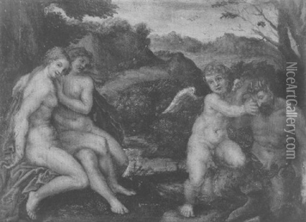 Diana And Callisto With A Satyr And Cupid In A Landscape Oil Painting - Hendrik van der Borcht the Elder