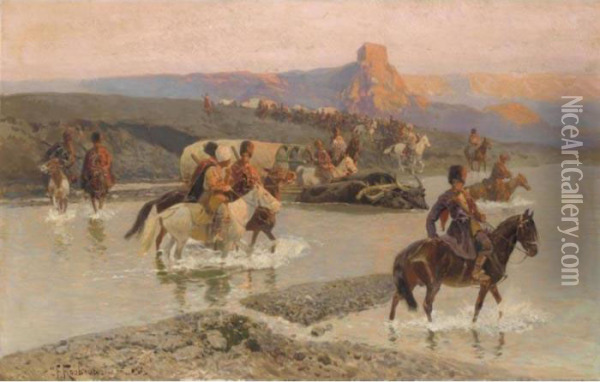 Cossacks Crossing The Fjord Oil Painting - Franz Roubaud