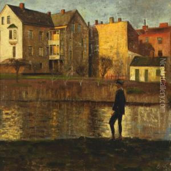 Autumn Scenery With Houses And A Man By A Lake Oil Painting - Axel Soeborg