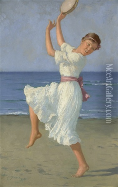 Tanzendes Madchen Mit Tamburin Am Strand Oil Painting - Hermann Seeger