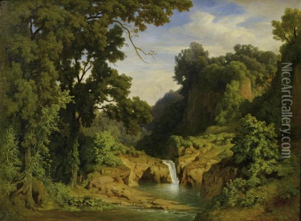 Wooded Landscape With Waterfall Oil Painting - Bernhard Fries