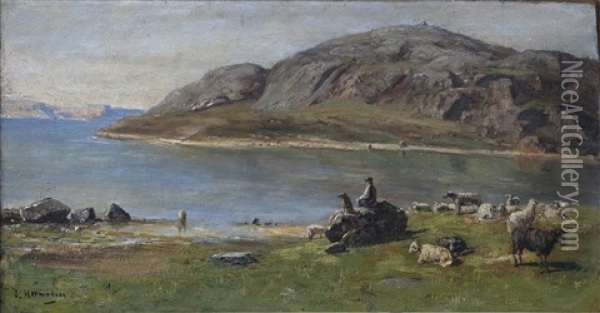 Bergigt Kustlandskap Med Farhjord Och Vallpojke Med Hund Oil Painting - Olof Hermelin