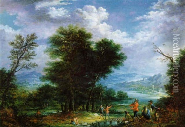 Flusslandschaft Mit Rastenden Und Einer Waescherin Oil Painting - Johannes Jakob Hartmann