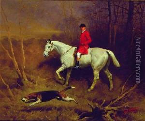 Huntsman On White Horse With Dog Oil Painting - Basil Nightingale