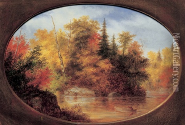 Indians Crossing The Lake, Autumn Oil Painting - Cornelius David Krieghoff