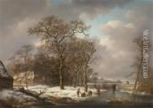 Forest In The Winter With Frozen River Oil Painting - Andreas Schelfhout