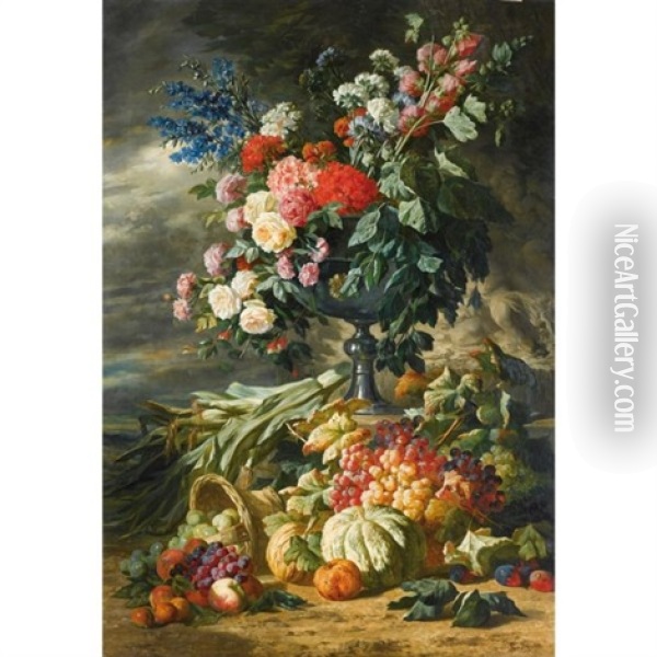 Vase De Fleurs Et Fruits D'automne Oil Painting - Lucas Victor Schaefels