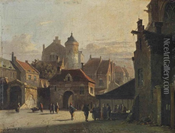A Sunlit Town With Figures Near A Market Stall Oil Painting - Adrianus Eversen
