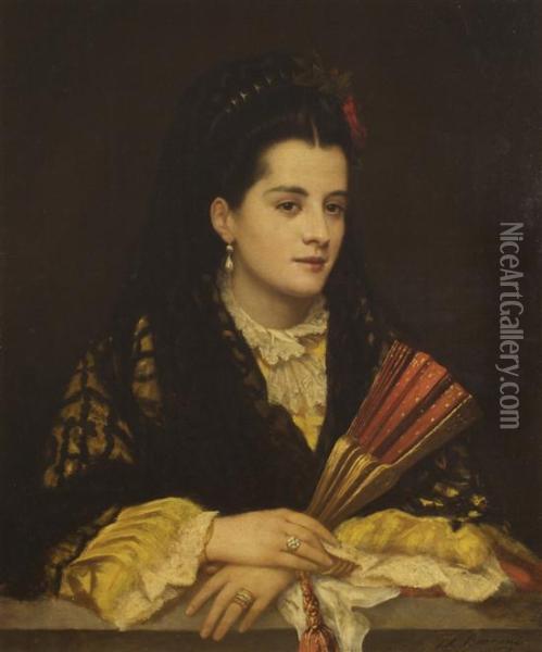 Portrait Of A Lady With Fan Oil Painting - Attilio Baccani