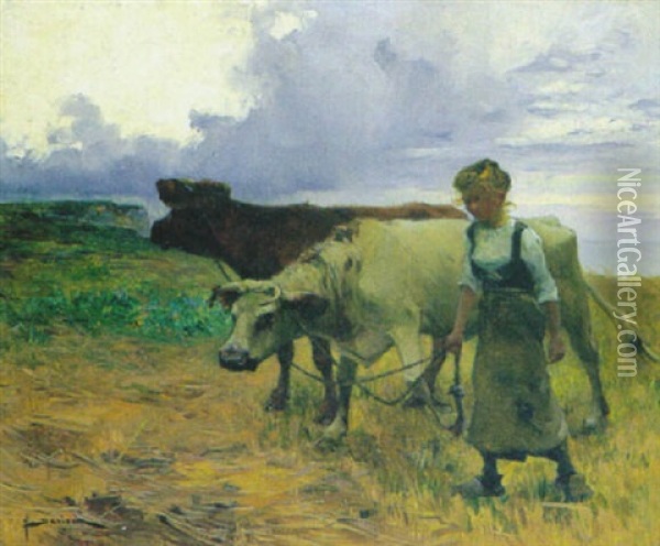 Magd Mit Zwei Kuhen Auf Dem Heimweg Oil Painting - Henri Gaston Darien