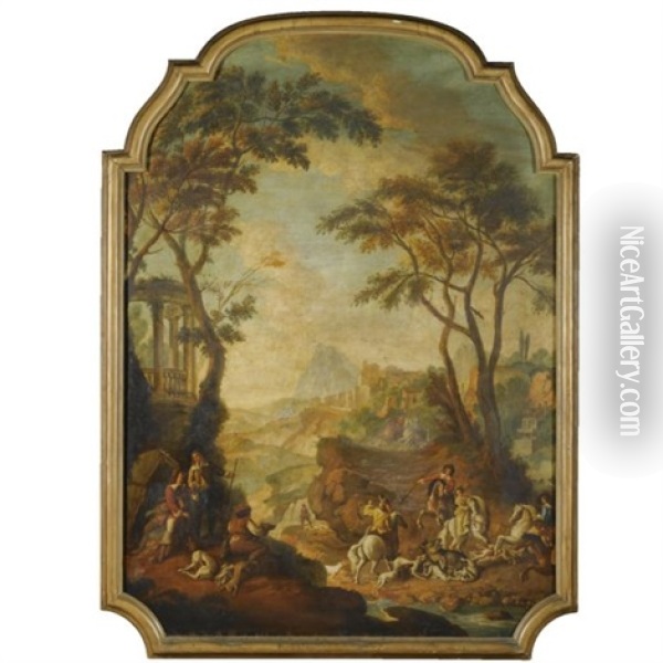 A Wooded River Landscape With A Hunting Party In The Foreground Oil Painting - Giovanni Battista Cimaroli