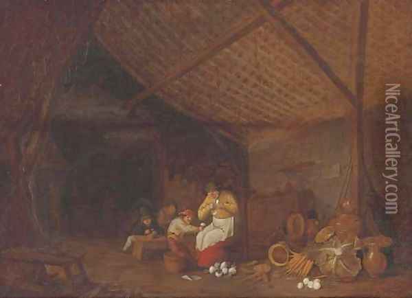 A barn interior with a woman and children peeling onions, earthenware pots, carrots, onions and a cabbage nearby Oil Painting - Bartholomeus Molenaer
