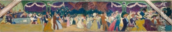 Le Moulin De La Galette (maquette De Decor) (in 4 Panels) (+ Sketch, Verso) Oil Painting - Pierre Louis Gatier