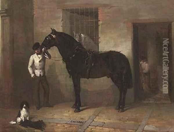 Gallardo, a bridled horse held by a groom Oil Painting - Spanish School