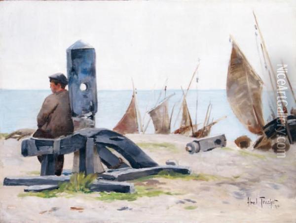 Jeune Pecheur Adosse Au Cabestan A Yport Oil Painting - Louis Abel-Truchet