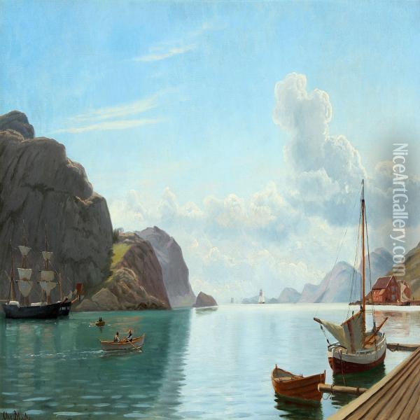 Norwegian Inlet With Boats On Calm Water Oil Painting - Christian Vigilius Blache