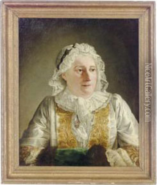 Portrait Of Madame Crozat, Half-length, In A White Dress And Bonnet Oil Painting - Jacques Andre Joseph Aved