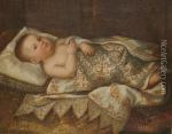 Portrait Of Leopoldo Di Cosimo 
Ii De'medici, As An Infant, Lying On A Bed With An Embroidered Cover Oil Painting - Tiberio di Tito