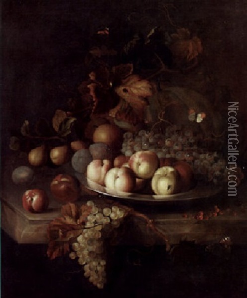 Fruit On A Pewter Plate With Other Fruit On A Marble Ledge Oil Painting - Jakob Bogdani