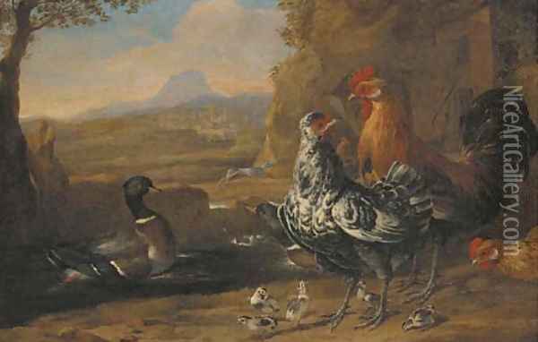 A turkey, roosters, ducks and goslings in a farmyard Oil Painting - Melchior de Hondecoeter