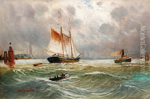 Port Of Hamburg With Sailing Ship Oil Painting - Alfred Serenius Jensen
