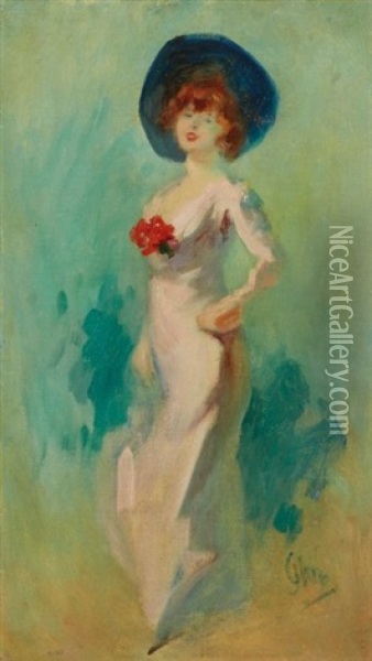 Portrait De Dame En Robe Rose, La Baronne Vitta Oil Painting - Jules Cheret