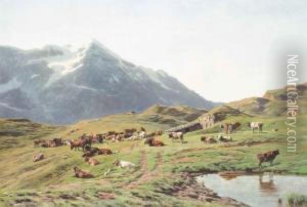 Sommerliche Alp Mit Weidenden Kuhen Im Berner Oberland. Oil Painting - Albert Lugardon