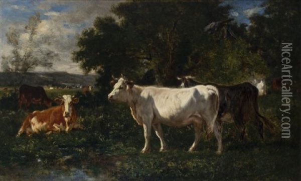 Cows By A Pond Oil Painting - Emile van Marcke de Lummen