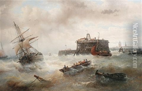 Off Calais Harbour Oil Painting - Francois-Etienne Musin