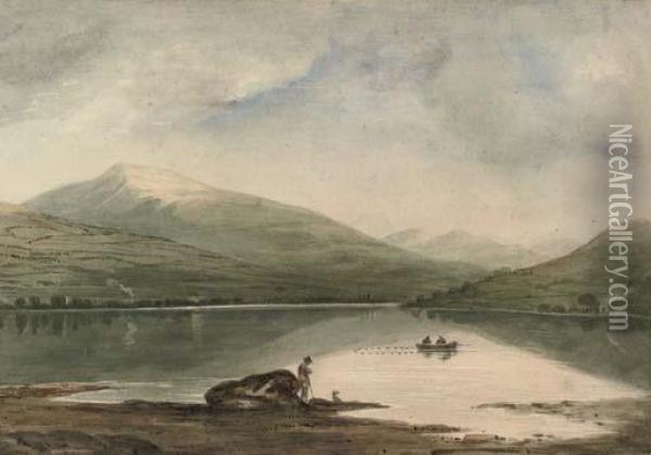 Lake Bala, With Cader Idris Beyond, North Wales Oil Painting - John Varley