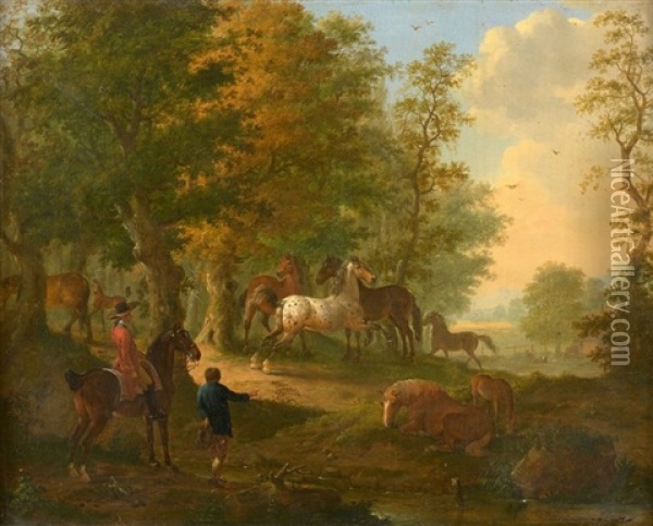 Cavalier Et Villageois Observant Des Chevaux En Liberte Oil Painting - Johann Georg Pforr