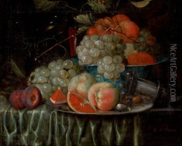 Still Life Of Fruit Arranged On A Draped Table With Pewter Plate And Chinese Porcelain Bowl Oil Painting - Jan Pauwel Gillemans The Elder