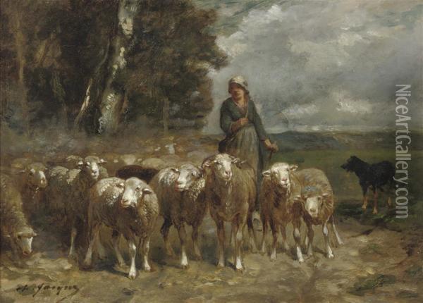 A Shepherdess And Her Flock Oil Painting - Charles Jacques