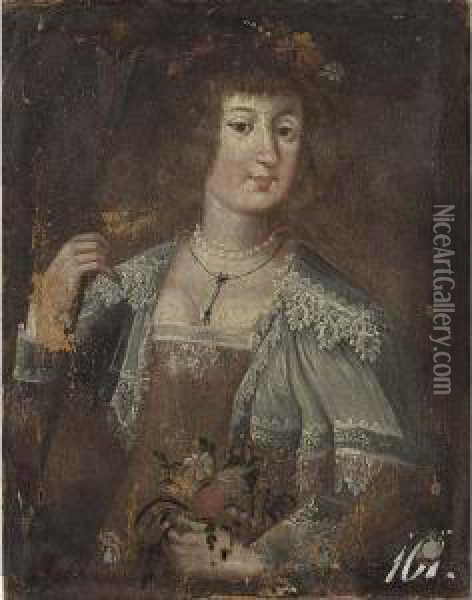 A Portrait Of A Lady As Flora, Half Length, Wearing A White Lace Collar And Flowers Oil Painting - Wolfgang Heimbach