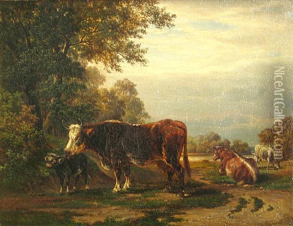 Cattle In A Pasture Oil Painting - R Kalyna