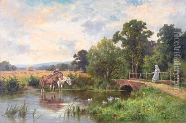 Watering The Horses Oil Painting - Henry H. Parker